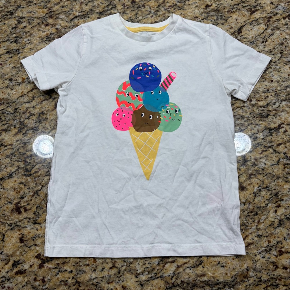Mini Boden Boy White Ice Cream Graphic T-Shirt Short Sleeve Size 7-8 YRS